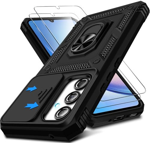 Kameraschutz Handyhülle für Samsung Galaxy A35 Hülle mit Displayschutz*2 pcs, 360 Grad Magnet Metall Ring Halter Galaxy A35 5G Tasche Case Militär Stoßfest Schutzhülle für Samsung A35 Handy (Schwarz)