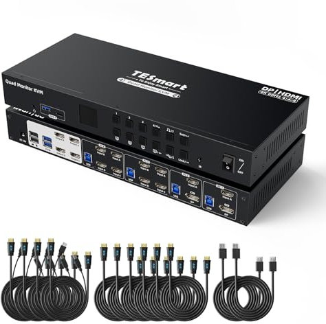 TESmart USB3.0 DisplayPort HDMI KVM Switch 4 Monitors 4 Computers, KVM Switch Quar Monitor 4K@60Hz, Multi-Stream Transport, EDID Emulators, Headset Port, Hotkey Switch,Button Switching