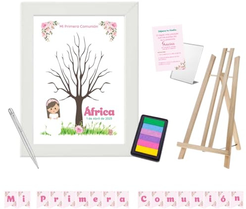 Disatrezzo - Árbol de Huellas Personalizado para Comunión Niña– Kit Completo con Marco, Tintas, Bolígrafo, Instrucciones, Caballete y Banderín Mi Primera Comunión. Libro de Firmas y Dedicatorias.