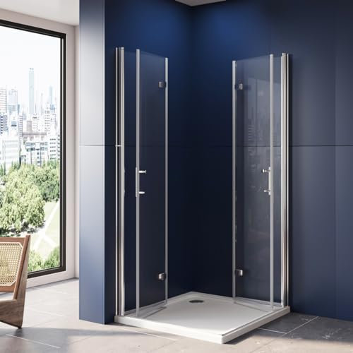 LUXESPIRE Duschkabine MIT Duschwanne und Ablaufgarnitur 90x90cm Eckeinstieg mit 180° faltbarer Tür Duschtür Falttür Duschabtrennung Duschwand 6mm ESG Sicherheitsglas Höhe 195cm