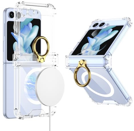 Clatoxi für Samsung Galaxy Z Flip 5 Klarer Hülle mit Ringhalterung und Scharnierschutz, Kompatibel mit kabellosem Ladegerät, Schlanke Transparente Harte PC Case für Samsung Z Flip 5 (Transparente)