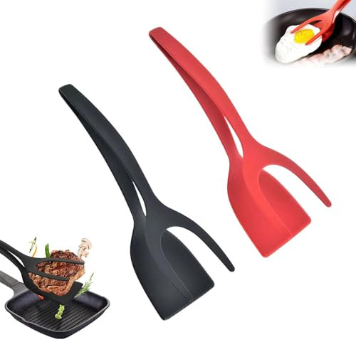 Pince À Spatule 2 En 1 À Poignée, Spatule À Oeufs, Spatule À Œufs En Silicone, Multifonction Spatule Cuisine,Spatule Crepe Pour Poisson, Oeuf, Burger, Steak, Crêpe (Noir+Rouge)
