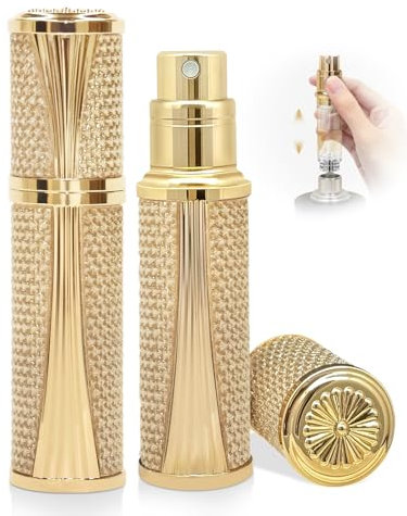 ASADAYS Perfume Atomiser - New Shell - Travel Bottle Refillable Bottom Spray Bottle Mini Size Luxury Fashion Shiny 5ml Filled Leakproof Portable Airplane (Custom Made, Brilliant Gold Sand)