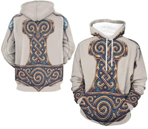 YUERYXH Nordische Mythologie Vintage Kompass Hoodies, Herren Neuheit Großes Sweatshirt, Lässiger Pullover(Hammer of Thor,L)