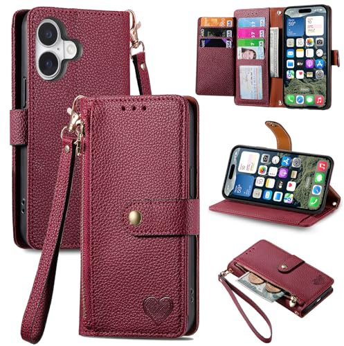 VEEMOS Zipper Wallet Case for Apple iPhone 16 Phone Case with Purse Card Holders RFID Blocking Leather Flip Case Book Cover Wrist Strap Women - Red