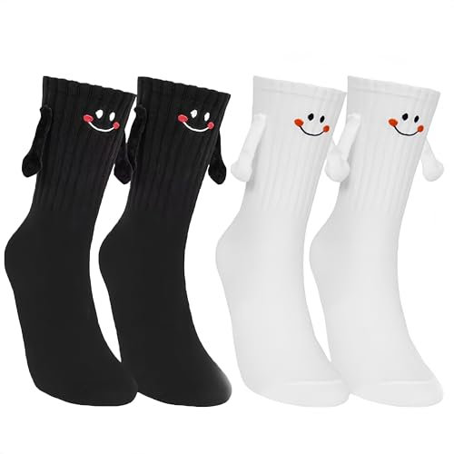 Magnetische Socken,Lustige Socken,2 Paar 3D Personalisierte Socke mit Magnetarmen,Gute Laune Lustig Hand in Hand Socke für Frauen Männer Erwachsene (schwarz,weiß)