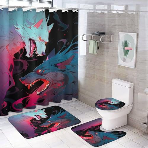AEMYSKA Duschvorhang-Set im Anime-Stil mit Teppichen, wilde Tiere, Badezimmer-Zubehör-Set mit rutschfesten Teppichen, WC-Deckelbezug und Badematte, wasserdichter Vorhang mit 12 Haken