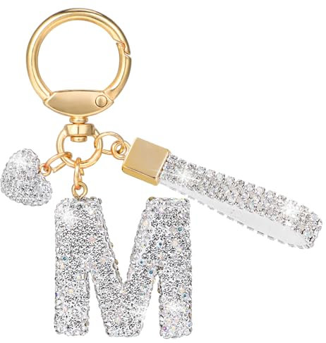 MWOOT Schlüsselanhänger Buchstabe Glitter Rhinestone, Keychain Silvery mit Namen Cute Car Keychain, Auto Schlüsselanhänger Tasche Anhänger Handbag Charms Accessories Keyring Geburtstag for Frau(M)