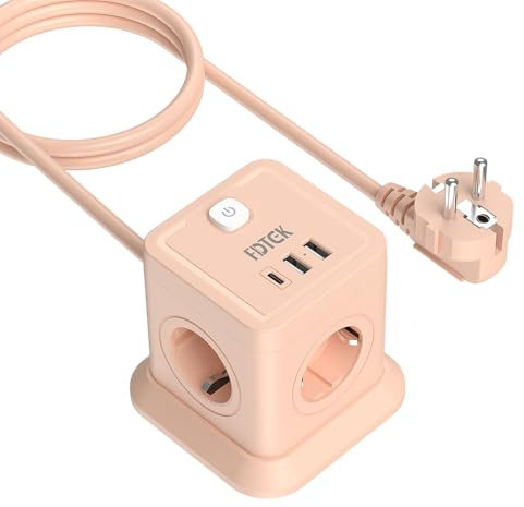 FDTEK Rose Multiprise Cube 4 Prises avec 2 USB-A et 1-USB-C, 7-en-1 Bloc Multiprise avec Interrupteur (2500W/10A), Powercube avec Rallonge de 1,8 Mètres pour Maison, Cuisine, Bureau