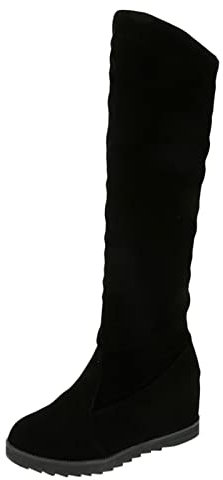 Stivali alti al ginocchio, da donna, con gambo largo, divertenti, con zeppa, in pelle scamosciata, Nero , 40 EU