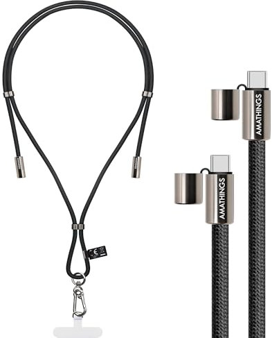 AMATHINGS Cordon tour de cou USB C vers USB C 2 en 1 de 160 cm en noir et câble de charge rapide USB-C de 60 W réglable, universel, chaîne croisée | Sangle de téléphone portable compatible avec