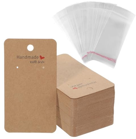 100 Stück Ohrring Präsentationskarten Schmuckverpackung Ohrstecker Ständer Ohrringe Schmuck Display Karten mit 100 Transparente Druckverschlussbeutel, Ohrringkarten Kraftpapier Karten