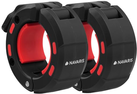 Navaris Barbell Locking Collar 2-Pack - 5cm (2) Olympic Weight Lifting Clamps with Quick Latch & Magnetic Design - Easy-Use Gym Clips - Lightweight Clips for Bar - Black/Red
