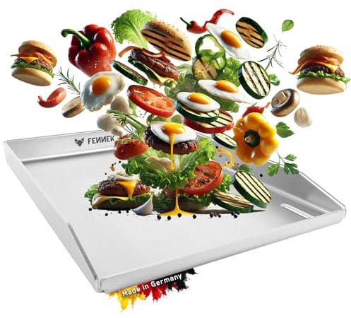 FENNEK Plancha 40 x 30 cm mit Vorderkante & extra großes Ablaufloch | 4,0 mm Edelstahl | Ideal für Burger, Gemüse, Fisch, Steaks uvm. | Spülmaschinenfest | hochgezogene Kanten | Made in Germany