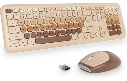 Fogruaden Clavier et souris sans fil marron silencieux, 2,4 GHz, style machine à écrire, combinaison de clavier et souris colorés, design fin, frappe à faible bruit pour la maison, le bureau, les PC