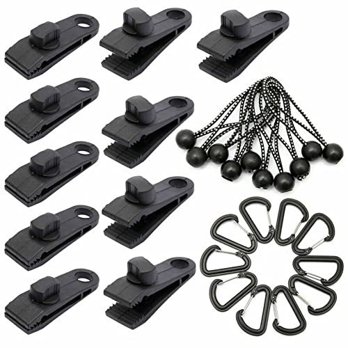 SIBOMTEX 30pcs Outdoor Tarp Clips Heavy Duty Lock Grip Tent Fasteners Clamps with Bungee Ball Cords Carabiners for Outdoor Camping Tarps Awnings Caravan Canopies