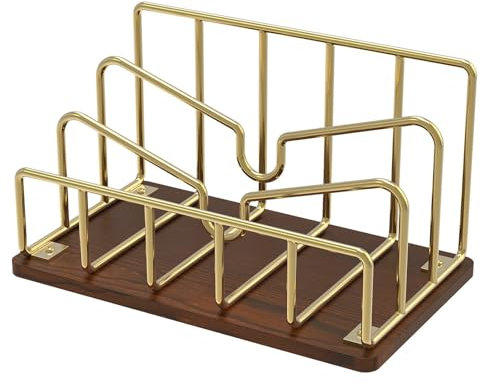 Gatphy Brief Organizer Metall mit Holzsockel, 22x13x12,2cm, Ordner Halter für Regal mit 3 Vertikalen Fächern Home Office Schule für Aufbewahrung Von Post, Briefen, A4 Dokumenten, Zeitungen(golden)