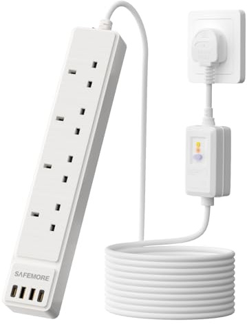 SAFEMORE RCD Extension Lead with 2 USB-A & 2 USB-C Ports, Surge Protected Power Socket with PRCD Plug, 13A/3250W Power Strip with 2M/6.56FT Extension cable, White