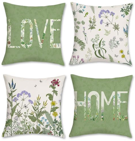 COZZSNUGE Blumen Garten Kissenbezüge 45 x 45 cm, Frühling Wildblumen Grüne Blätter Bauernhaus Samtig Dekorative Kissenhülle Zierkissenbezüge für Sofa Zuhause Garten 4er Set