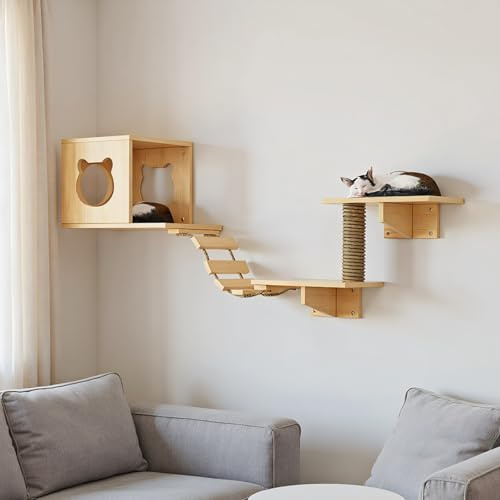 Zertylre Kletterwand Katzen, 5-teilig Katzen Kletterwand Set, Katzenwandmöbel, Katzenmöbel mit 1 Katzenhäusern, 2 Plattformen, 1 Katzenleiter,1 Säule, bis 15 kg