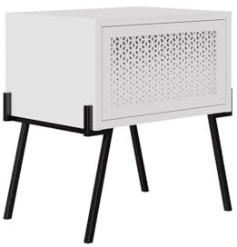 FWStyle White 1 Door Bedside Table – Push to Open – Handleless Modern Design – Black Metal Legs – Laser Cut Front – 51cm High