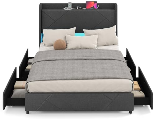 LIFEZEAL Polsterbett mit Lamellen und LED, gepolstertes Doppelbett mit 4 klappbaren Schubladen, Bettgestell mit Stauraum und verstellbarem Kopfteil (200 x 160 x 121,5 cm)