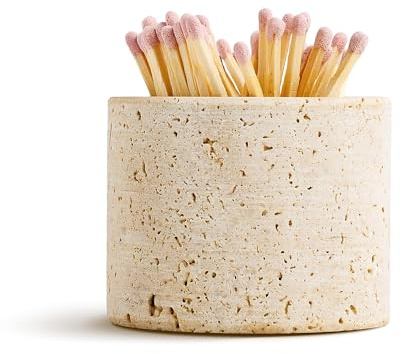 WORHE Streichholzhalter aus Travertinstein mit Kaminanzünder – 6,6 x 5,1 cm | und Zusätzlichem Kaminanzünder-Pad, für Kamin, Kerzen, Streichhölzer Nicht im Lieferumfang Enthalten (WH072)