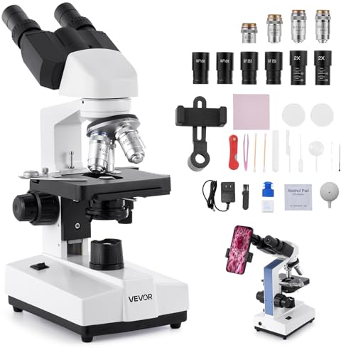 VEVOR Microscopio Compuesto con Aumento de 40-5000X Kit de Microscopio Binocular Cuerpo de Aleación de Aluminio 2 Juegos de Oculares, Luz LED, Soporte para Teléfono, para Estudiantes, Laboratorio