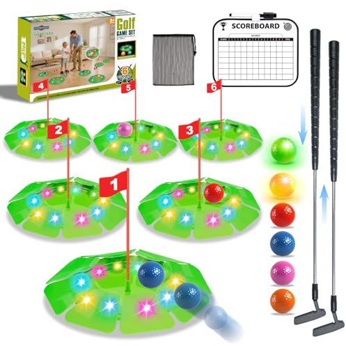TERRAMUS Light Up Golf Play Set - Upgraded Kids Toy Golf Putting Game Set with 6 LED Targets, 2 Clubs, 6 Balls (2 Glow), Night Golf Toys Gifts for Kids Golfers Family Indoor Outdoor Beach Lawn Park