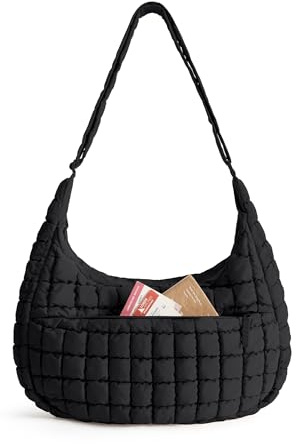 bagsmart Umhängetasche Damen Crossbody Bag, Puffer Tasche Moon Bag mit Verstellbarem Schultergurt, Gesteppte Schultertasche für Arbeit Uni Reisen Alltag, Schwarz, L