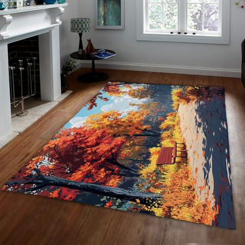 OLLIAR Home Herbst Park Bank Design Waschbare Bereichsteppiche Ultra Soft Anti Rutsch Low Flor Faltbarer Teppich für Wohnzimmer Schlafzimmer Dünne Wurf Bodenmatte 180x240cm