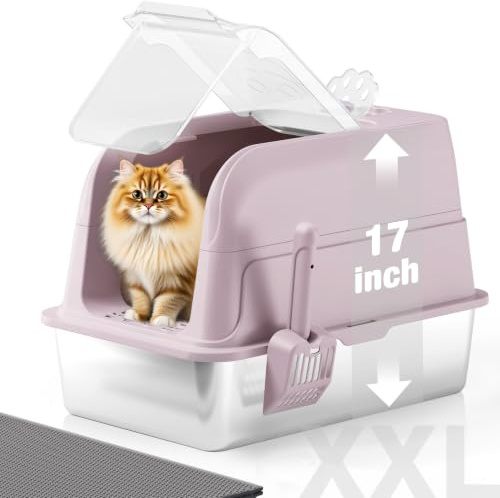 APPKER Stainless Steel Cat Litter Tray with Lid, XXL Large Enclosed High Sided Cat Litter Tray, Metal Cat Box with 120° Fully Transparent Detachable Lid, Scoop & Mat - Pink