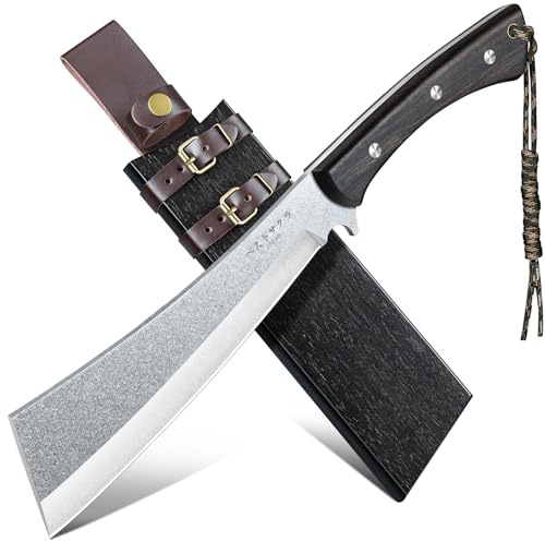 Freelander Machete Survival, Machete Scharf Echt mit Holzschwertscheide | Full Tang Großes Outdoor Messer mit 6mm Klingensteg, Outdoormesser Feststehende Klinge für Camping Gartenarbeit, Silber