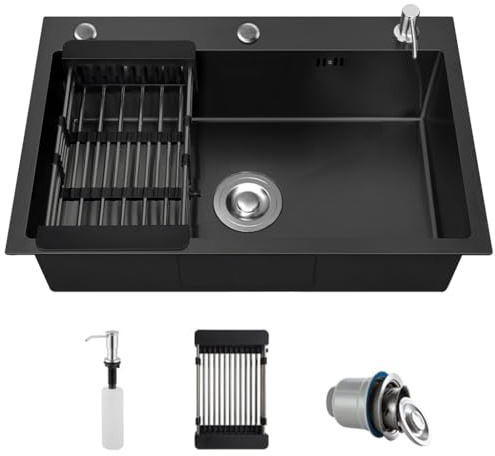 OTHZON Fregadero de cocina de acero inoxidable con escurridor, fregadero de cocina negro con cesta de drenaje, dispensador de jabón y desagüe empotrable, 3 agujeros, fregadero empotrable (50 x 45 cm)