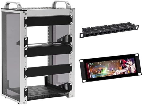 GeeekPi DeskPi RackMate T1 10 inch 8U Server Cabinet & 7.84 inch 1280x400 LCD Touch Screen 2U Rack Mount Monitor & 0.5U 12 Port Patch Panel