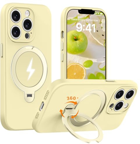 AurySharled 360° Magnet Ständer für iPhone 13 pro Hülle Gelb | Upgraded Kameraschutz, Mil-Grade Drop Shockproof stoßfeste Weiches Anti-Scratch Mikrofaserfutter, Liquid Silicone Hülle