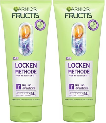 Garnier Fructis Locken Methode Spülung, Conditioner für alle Lockentypen, 14%-Feuchtigkeits-Komplex mit Hyaluron & Shea-Fettsäuren, mehr Feuchtigkeit, für geschmeidigeres Haar, ohne Silikone, 200 ml