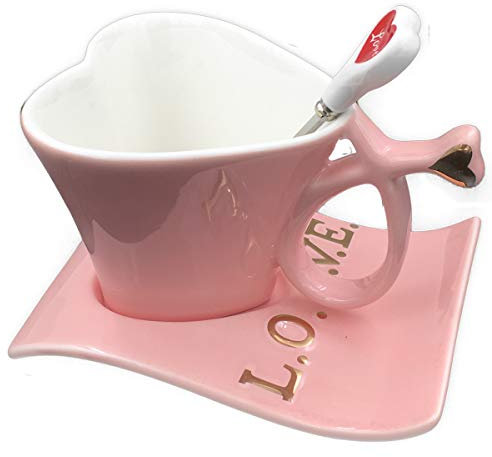 UUOUU Tasse à café en céramique en forme de cœur, tasse à lait créative rose avec cuillère, cadeau de Saint-Valentin pour les amoureux