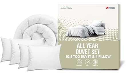 SleepyNights Double Duvet 10.5 Tog Poly Cotton Quilt with 4 Bounce Back Pillows, Anti-Allergy All Seasons Bedding Set, Hollowfibre Filling, Machine Washable, Made in UK (200x200cm)