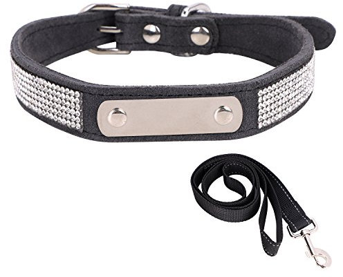 Hundehalsband Mit Namen Telefonnummer Hundemarke Adresse Individuell selbst Gestalten verstellbar Halsbänder Perlen diamanten Nieten Dog Collar Leder Design mit hundeleine als Weihnachten Geschenk