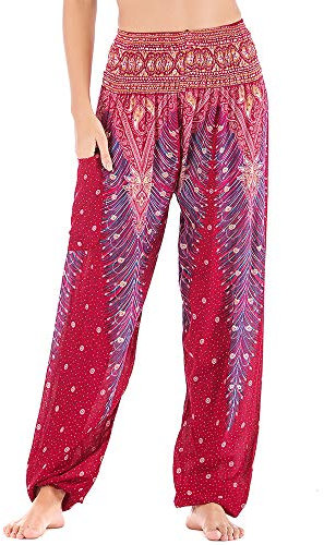 Nuofengkudu Damen Haremshosen High Waist Hippie Muster Baumwolle Pumphosen mit Taschen Leicht Weite Luftige Stoffhose Yogahose Sommerhose Strandhose(Einheitsgröße,Weinrot Pfau)