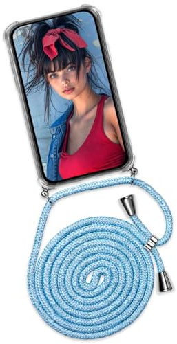 ONEFLOW Handykette für Redmi Note 9 Pro Hülle mit Band, Handyhülle mit Kette abnehmbar, Handyband zum Umhängen, Handy Umhängeband Lange Handykordel, Twist Case – Hellblau Jeans