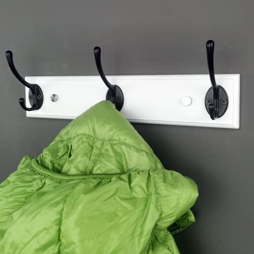 lomejii Wooden Wall Mounted Coat Rack with 3 Hooks for Kids, White Wood, Sturdy Black Coat Hook Rack for Clothes, Hats, Bags, Small Modern Wooden Coat Rack for Entrance Room