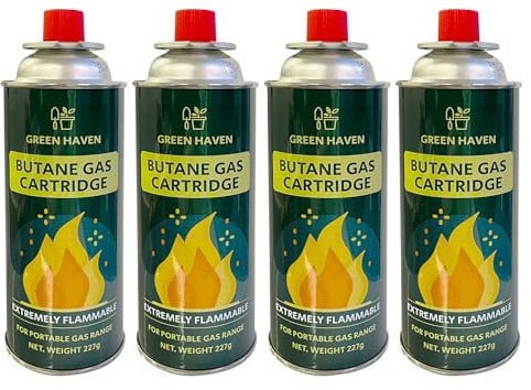 Green Haven Butane Gas Canisters 4 Pack – EN417 Non-threaded Camping Cylinders for BBQs & Stoves, Reliable Propane Refill, Long-Lasting & Safe for Outdoor Cooking, Camping, Festivals, or Picnics