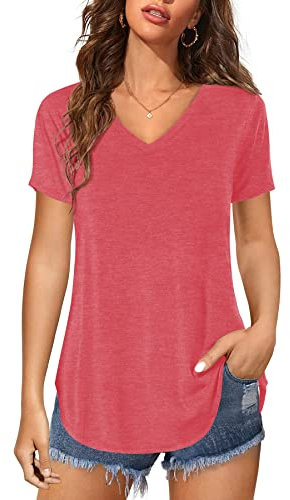 Florboom V Neck T Shirts for Women Tops Short Sleeve Blouse Summer Solid Tshirt, Pink 12 14