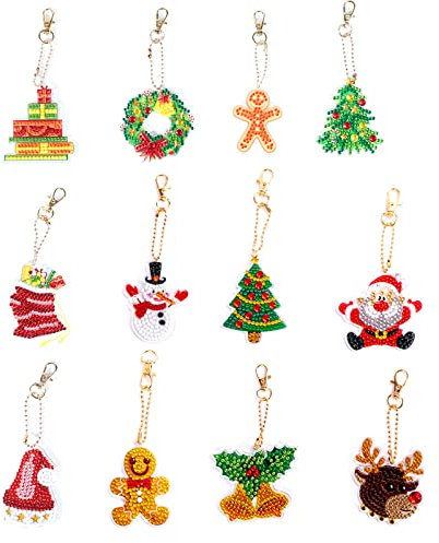 12 Stück 5D DIY Diamant Malerei Schlüsselanhänger Weihnachten Strass Malerei Stickerei Kunst Ornamente Weihnachten Stickerei Schlüsselbund für Kinder Erwachsene Machen Weihnachten Schlüsselanhänger