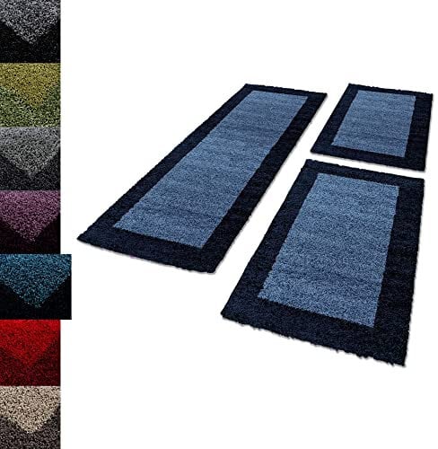 Carpettex Bettumrandung Schlafzimmer 3teilig Shaggy Teppich Hochflor Bordüre Muster Marineblau Bettset:2 mal 60x110 + 1 mal 80x150 - Bettvorleger Schlafzimmer Läuferset Langflor Bettumrandung Teppich