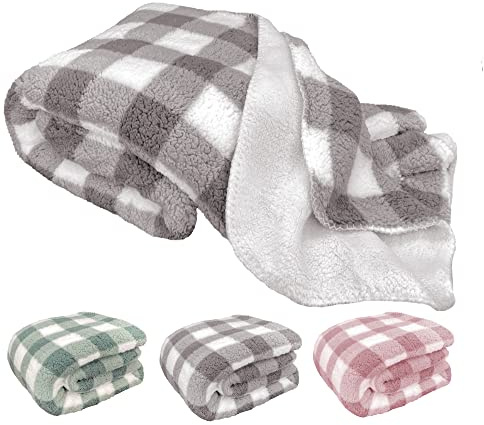 heimtexland ® Kuscheldecke Sherpa Fell Super Warm Extra Dick Doppellagig Teddy Plüsch Wohndecke Sofadecke Vichy Karo XL Typ837 Grau