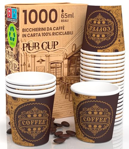 1000 Bicchierini in Carta per caffè 65ml PubCUP Bicchieri Ecologici Biodegradabili Monouso Piccoli Asporto Bevande Calde
