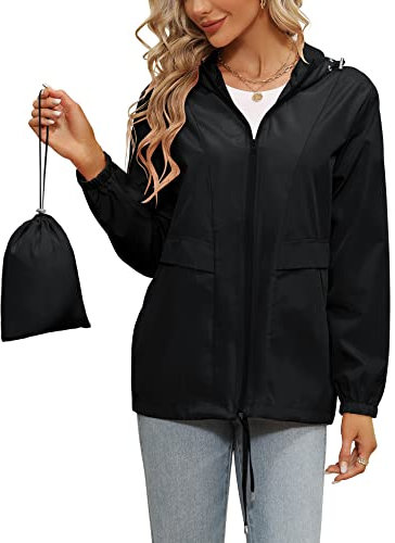 Tisfeer Vêtement de pluie étanche, léger et coupe-vent à capuche pour femme, Noir , XL